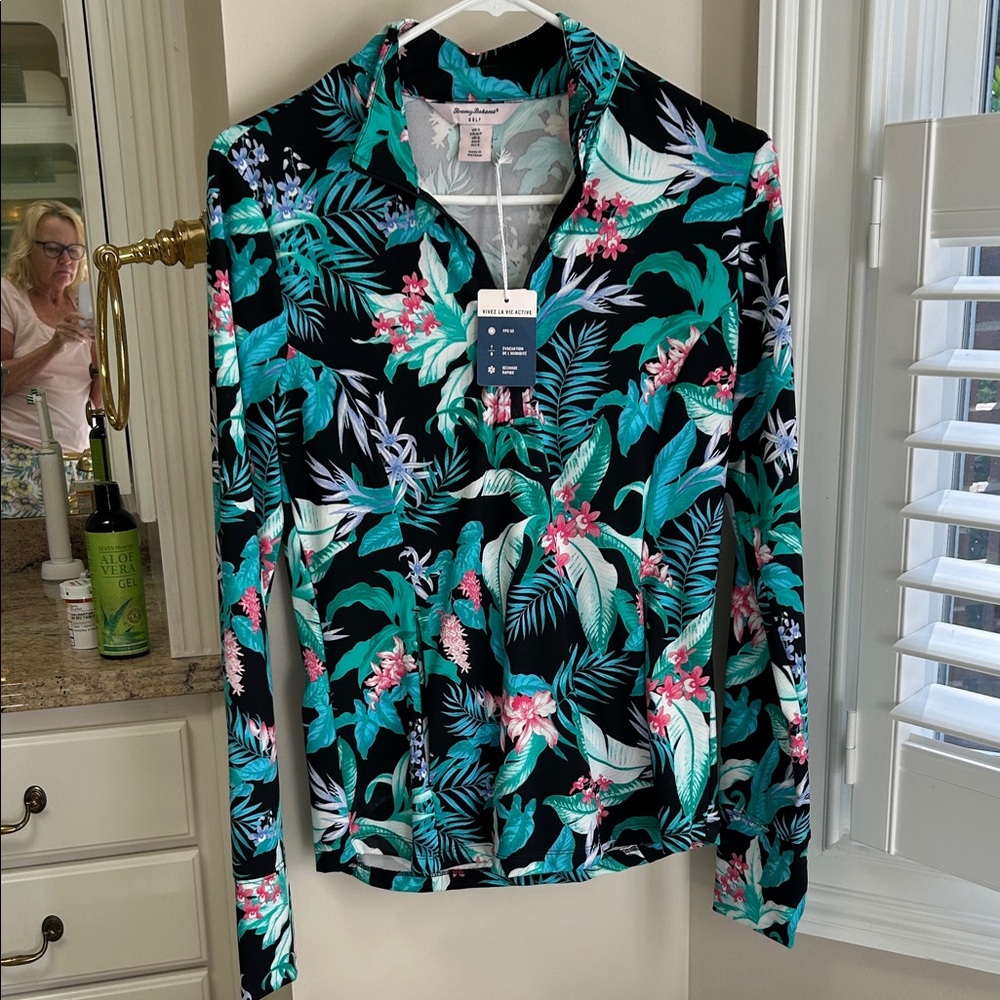 Tommy Bahama Black and Green Floral Golf  Top